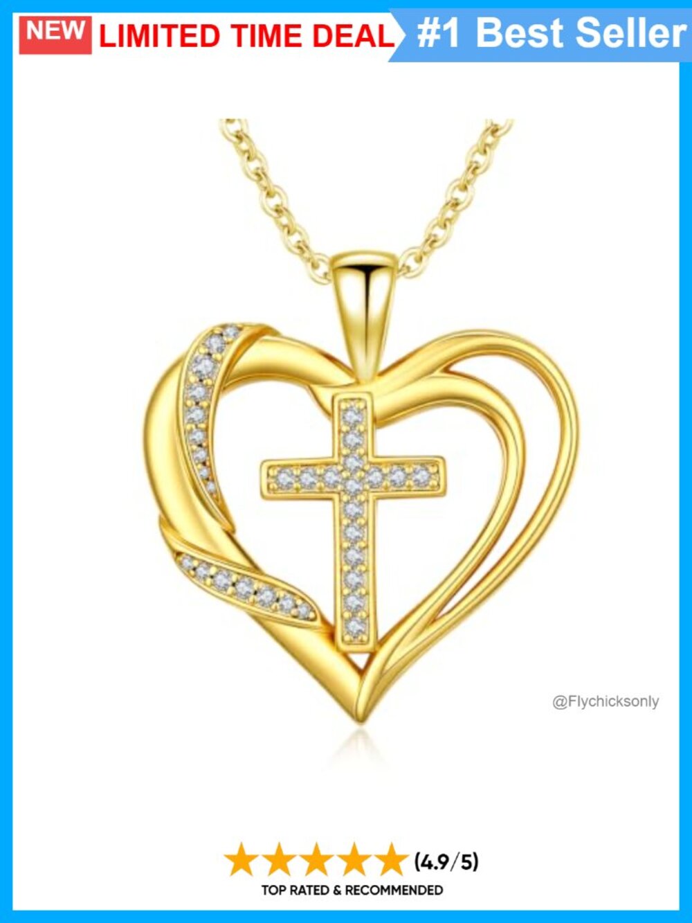 18K Gold Plated Open Heart Cross Pendant Necklace 22in